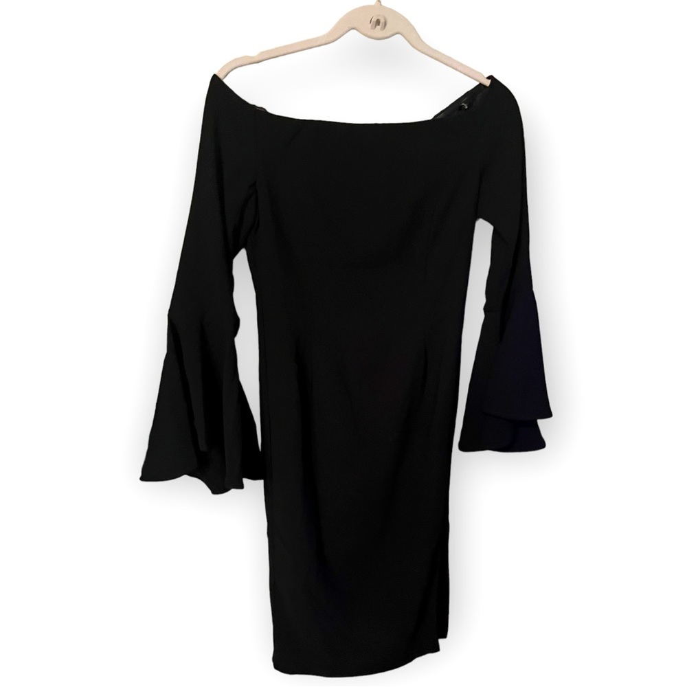 Bardot Black Off the Shoulder Trumpet Sleeve Evening Dress